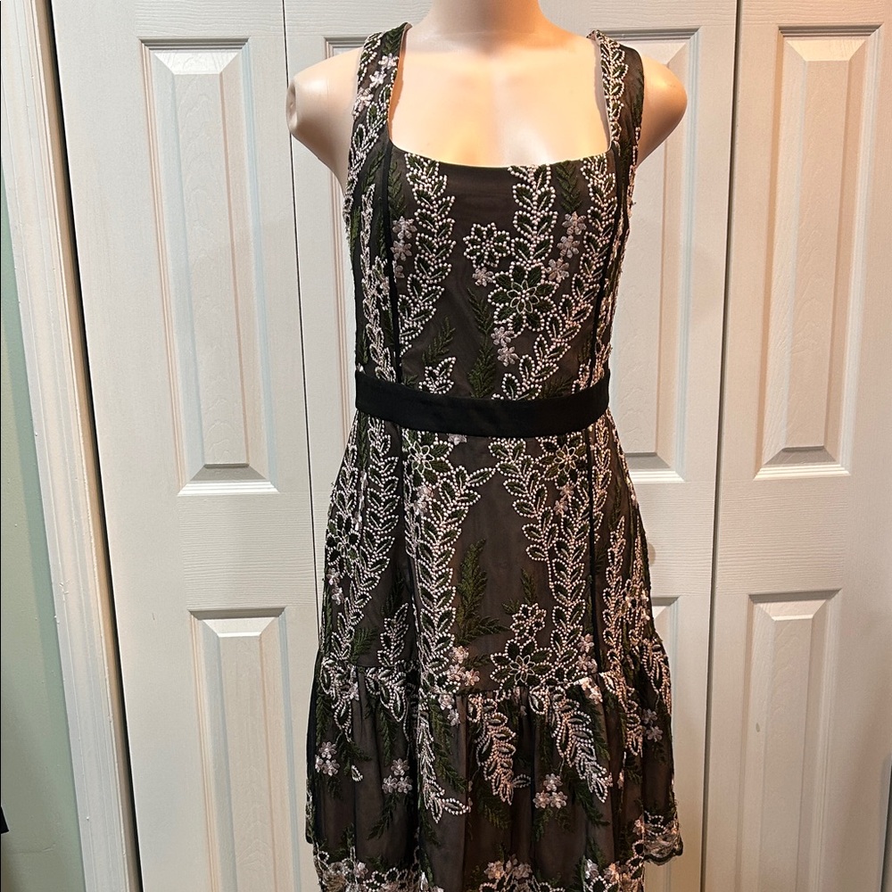 Black Embroidered Midi Dress with Square Neck